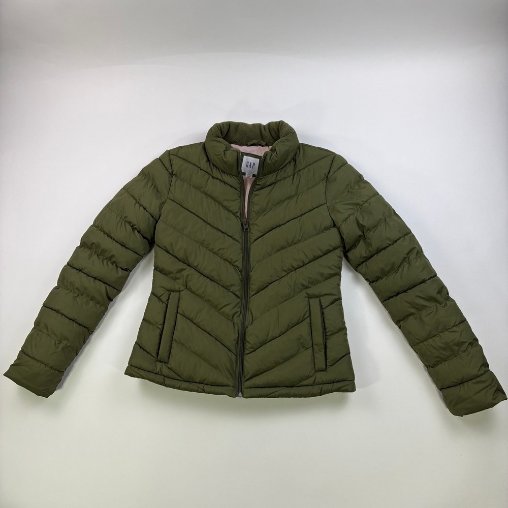 Gap Chevron Lightweight Puffer Jacket Womens XS Petite Army Green Full Zip